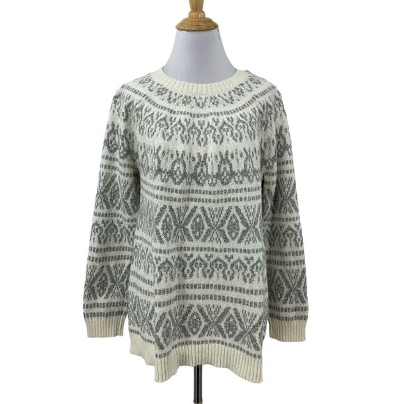 J Jill Sweater Womens M Medium Ivory Gray Fair Isle Nordic Soft Knit Raglan Seam - Picture 1 of 13